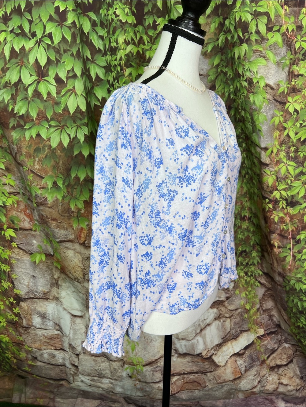 RAILS Blush and Blue Ruffle Cuff Button Front Floral Cottagecore Blouse, XXL - Picture 10 of 12